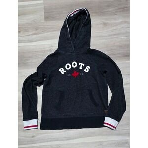 Roots Cabin Mens Salt and Pepper Hoodie Charcoal Grey Maple Leaf Pullover M